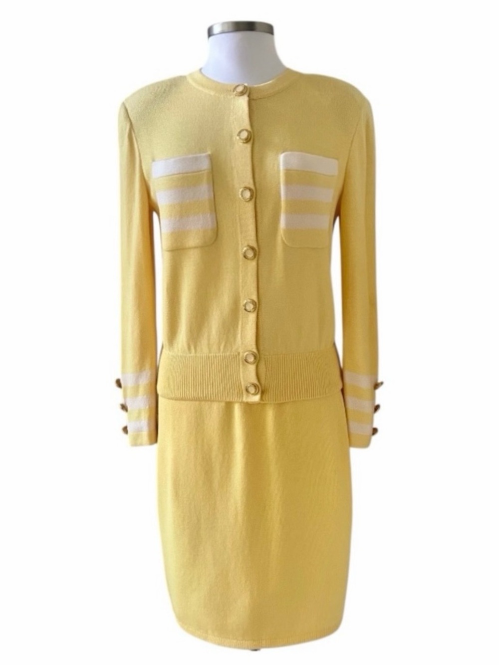St. John Yellow with White Detail Santana Knit Skirt Suit Set Size 4 - Picture 13 of 13